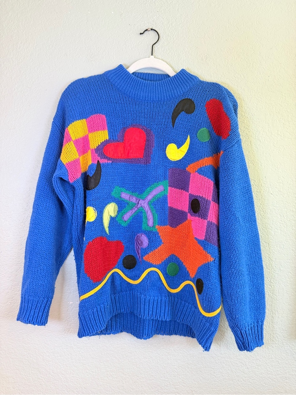 Vintage 80s Cherry Stix LTD Blue Mixed Media Knit Geometric Clowncore Sweater L